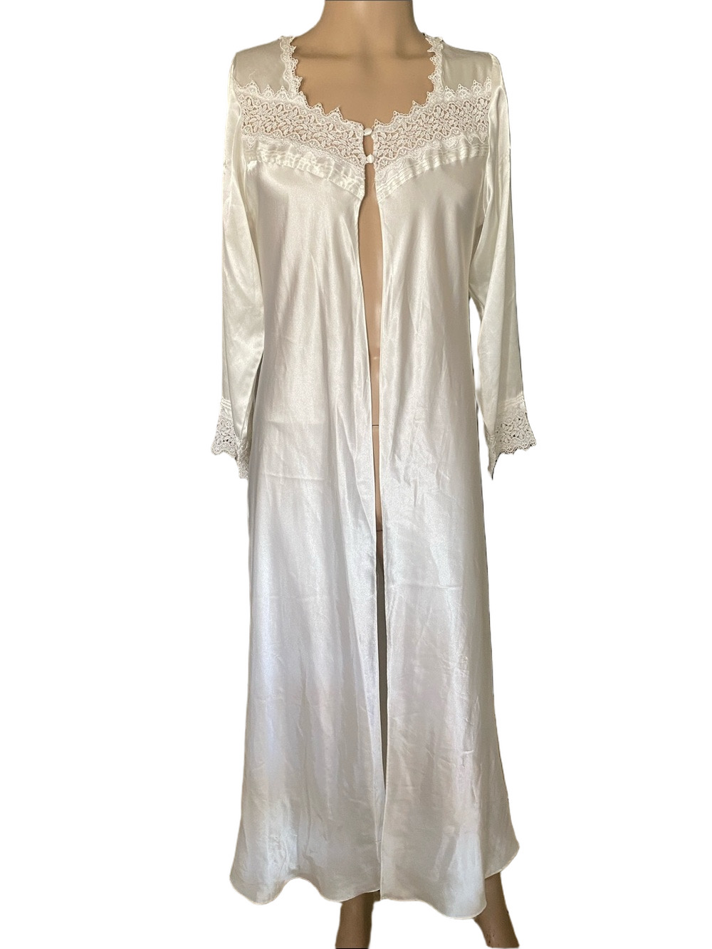 Eileen West Vintage Ivory Satin Long Lace-Trim Robe